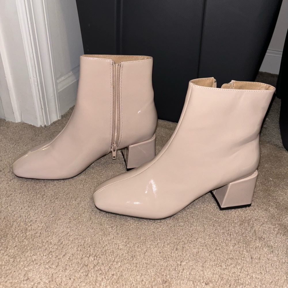 Vici Beige Kelce Patent Faux Leather Ankle Booties